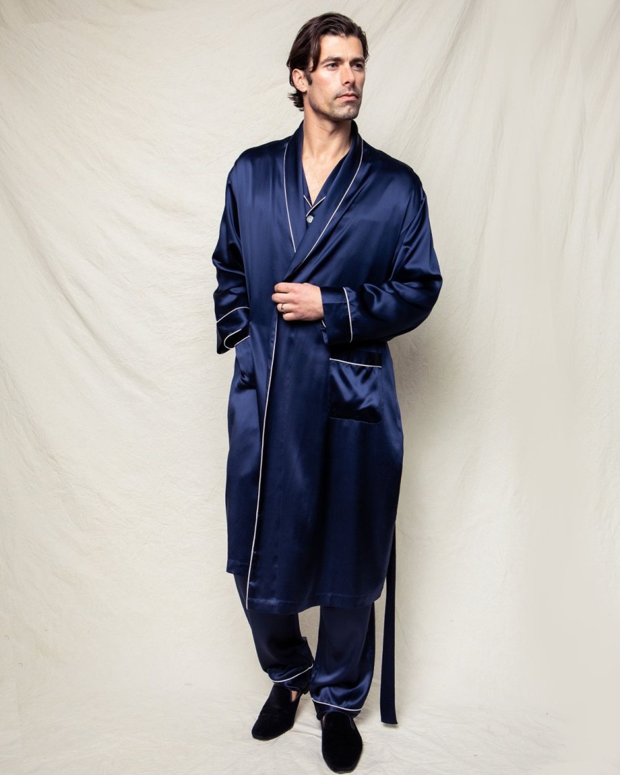 Men Petite Plume | Men'S Silk Long Robe In Navy