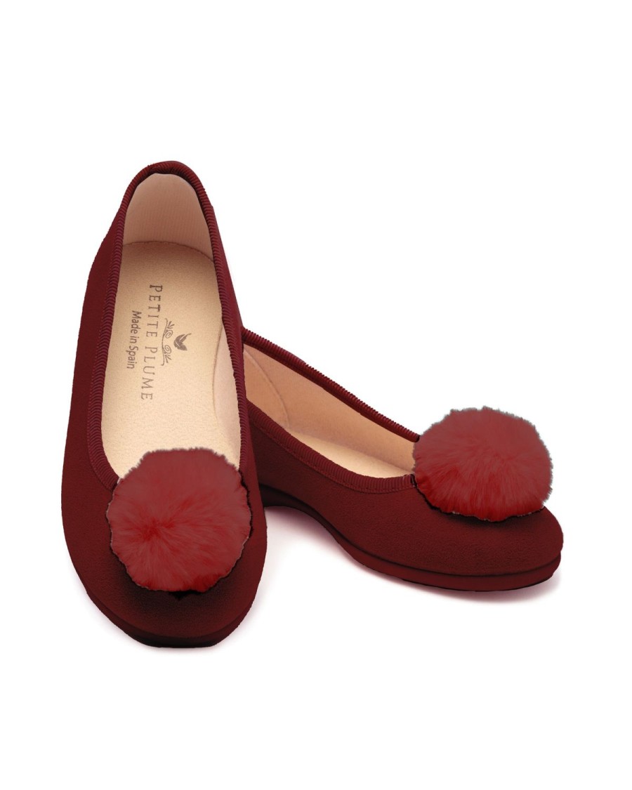 Kids Petite Plume Slippers & Accessories | Kid'S Juliette Slipper In Bordeaux Suede With A Festive Pom