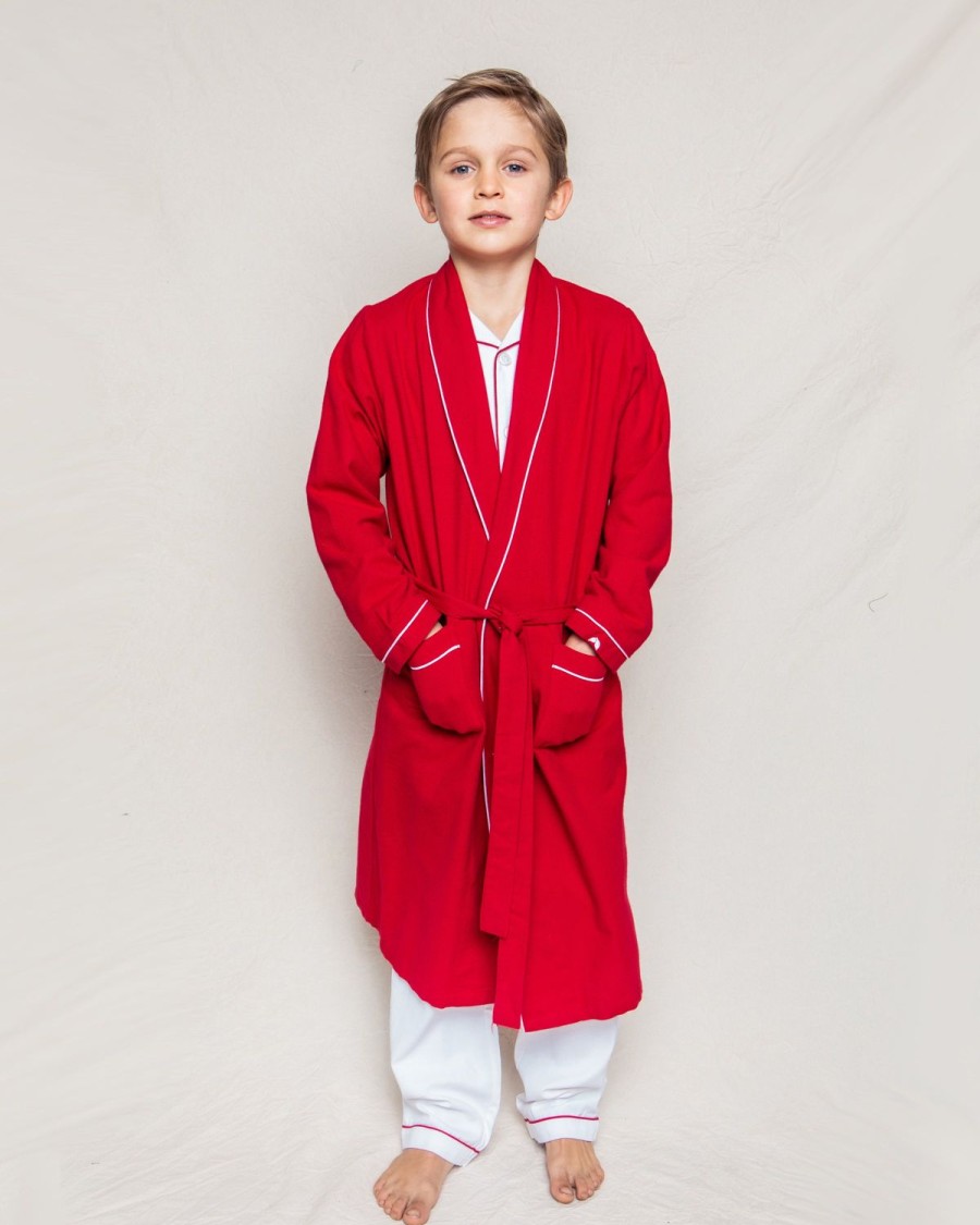 Kids Petite Plume Robes | Kid'S Flannel Robe In Red With White Piping