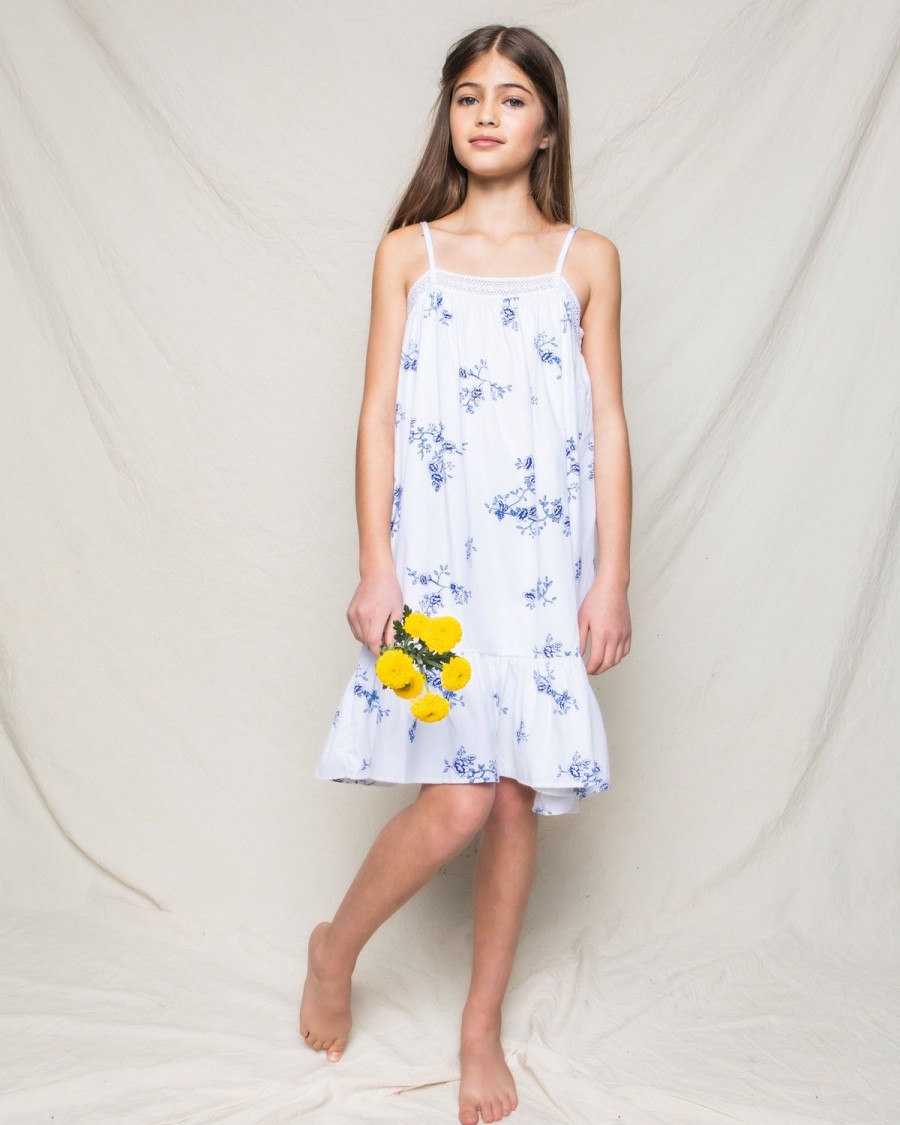 Kids Petite Plume Nightgowns | Girl'S Twill Lily Nightgown In Indigo Floral