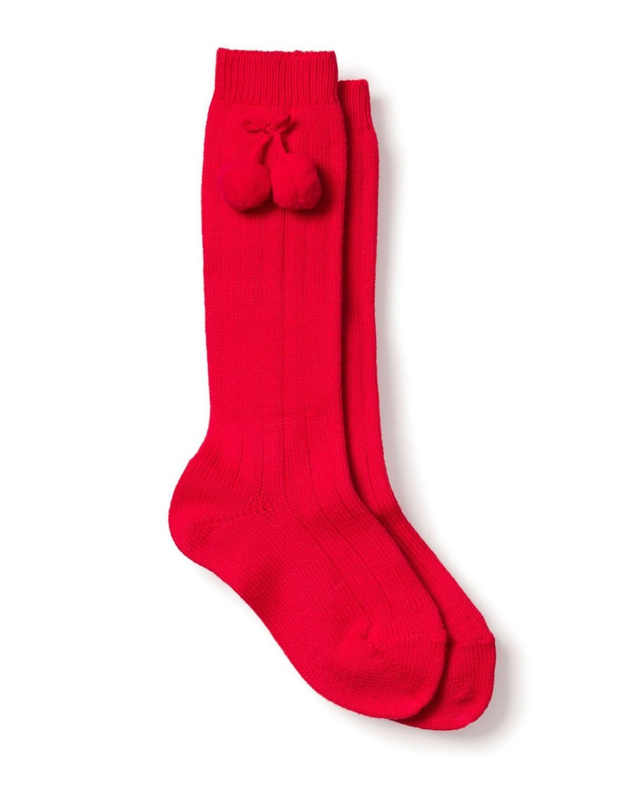 Kids Petite Plume Slippers & Accessories | Kid'S Red Pom Pom Ribbed Knee-High Socks