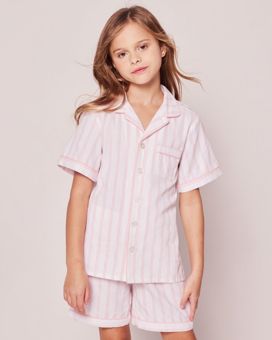 Kids Petite Plume Pajamas | Kid'S Twill Pajama Short Set In Pink And White Stripe