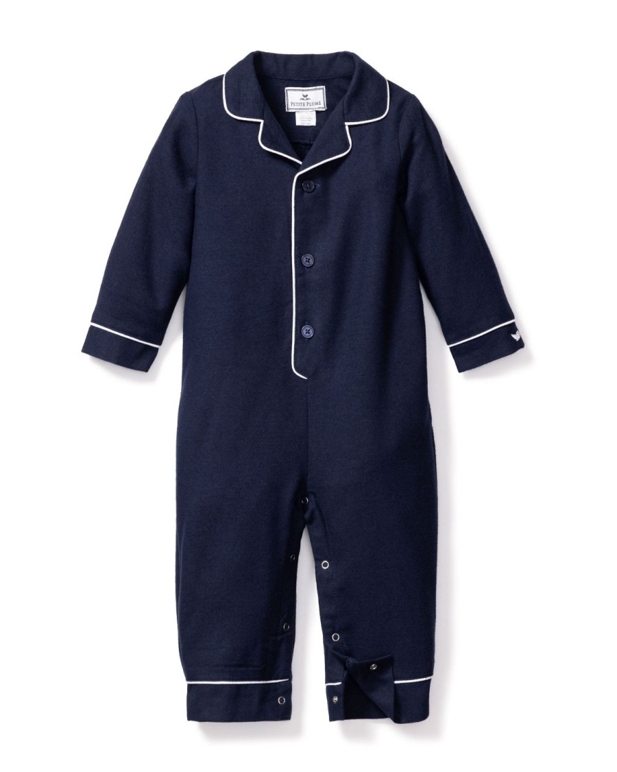 Kids Petite Plume Rompers | Baby'S Flannel Romper In Navy With White Piping