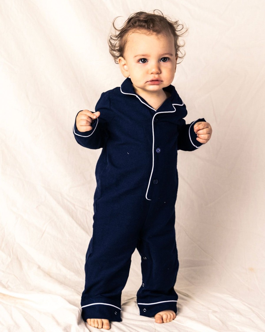 Kids Petite Plume Rompers | Baby'S Flannel Romper In Navy With White Piping