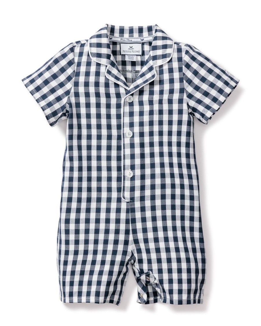 Kids Petite Plume Rompers | Baby'S Twill Summer Romper In Navy Gingham