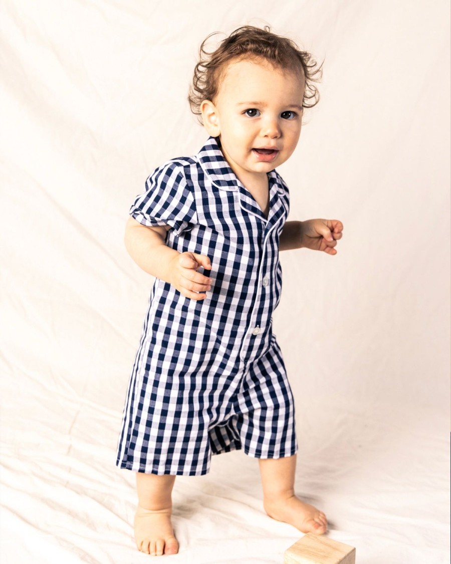 Kids Petite Plume Rompers | Baby'S Twill Summer Romper In Navy Gingham