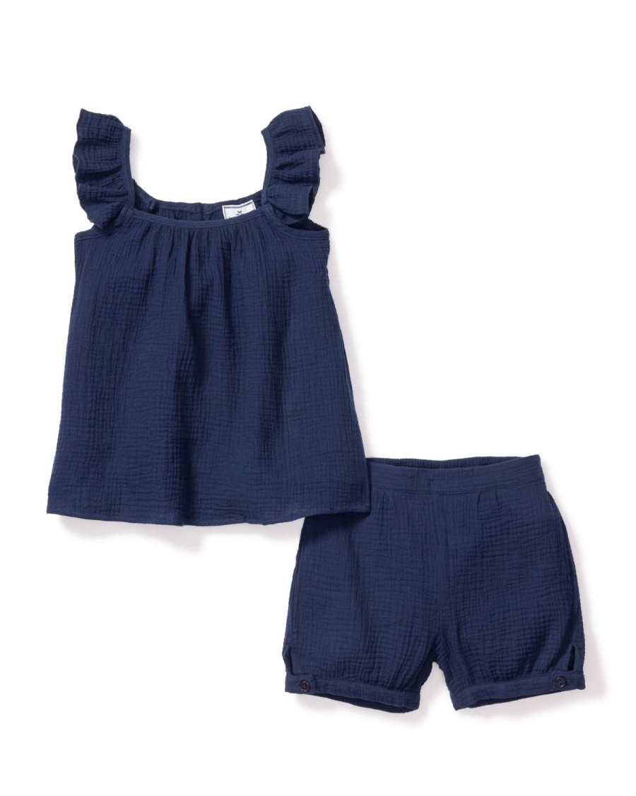 Kids Petite Plume Daywear | Girl'S Gauze Amelie Short Set In Navy