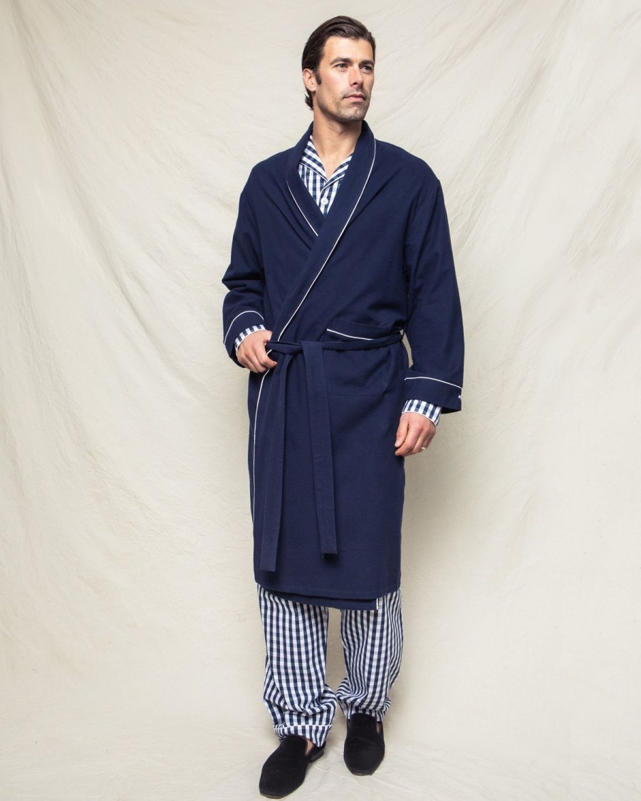 Men Petite Plume | Men'S Flannel Robe In Navy With White Piping