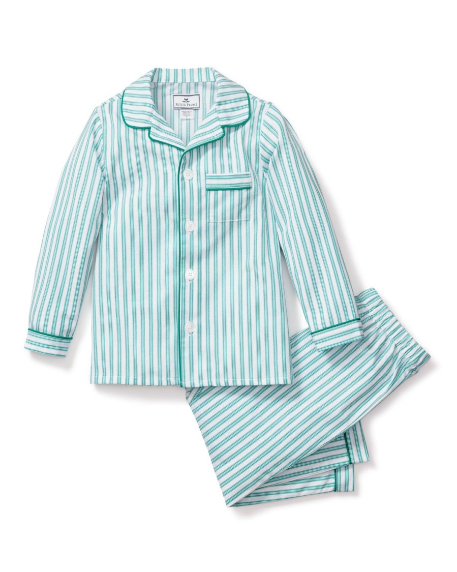 Kids Petite Plume Pajamas | Kid'S Twill Pajama Set In Emerald Ticking