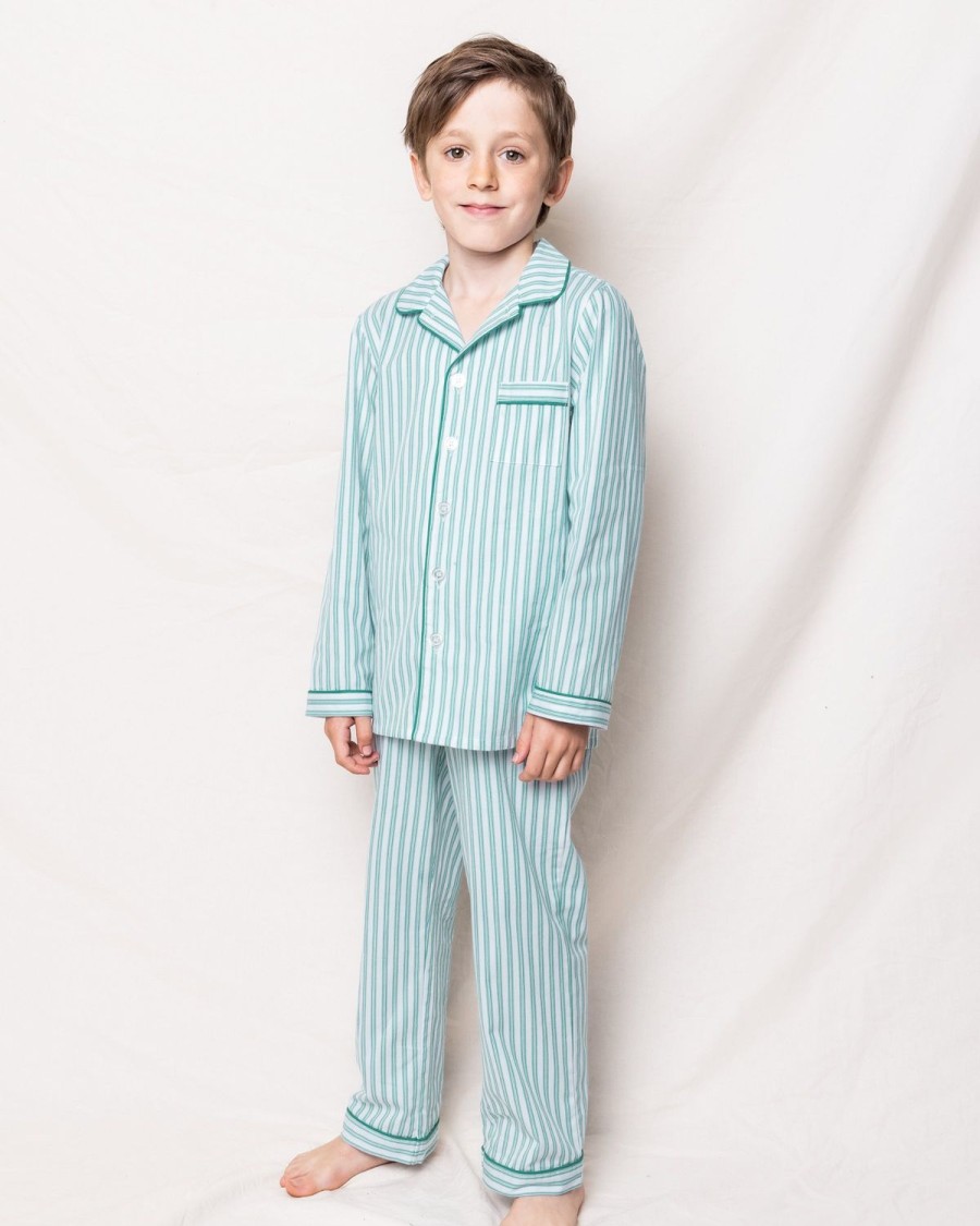 Kids Petite Plume Pajamas | Kid'S Twill Pajama Set In Emerald Ticking