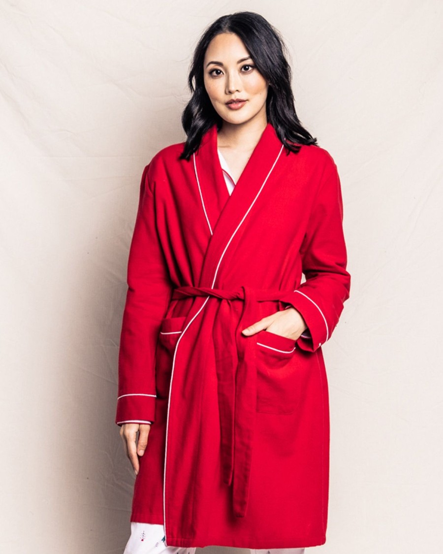 Women Petite Plume | Women'S Flannel Robe In Red With White Piping