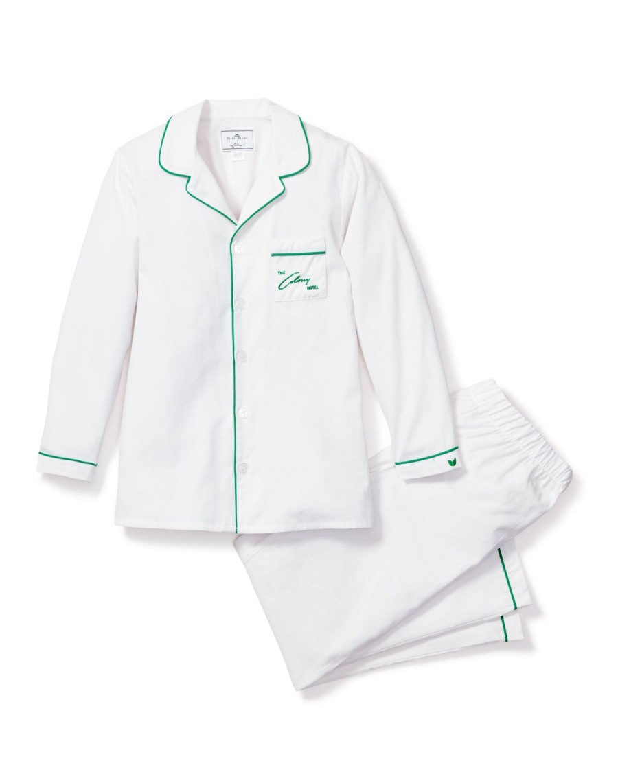 Kids Petite Plume Pajamas | Colony Hotel X Petite Plume Kid'S White With Green Piping Pajama Set