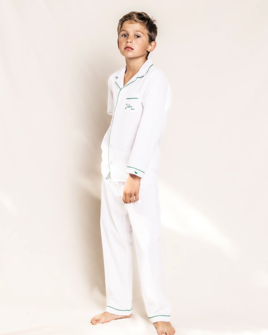 Kids Petite Plume Pajamas | Colony Hotel X Petite Plume Kid'S White With Green Piping Pajama Set