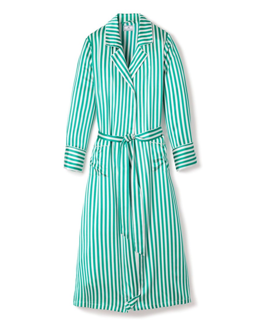 Women Petite Plume | Women'S Silk Long Robe In Green Stripe