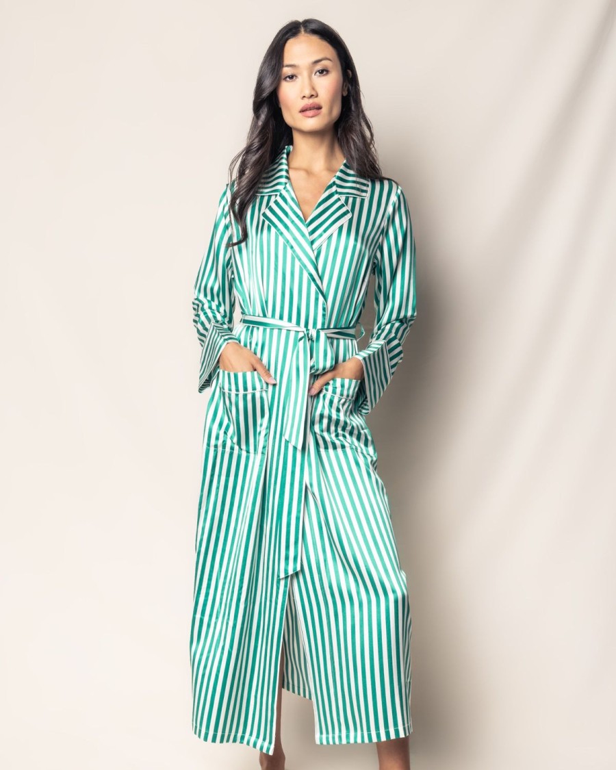 Women Petite Plume | Women'S Silk Long Robe In Green Stripe