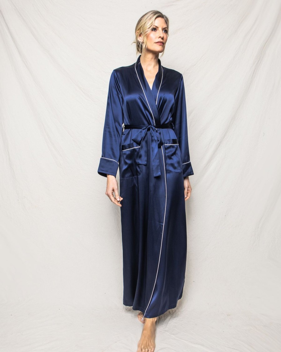 Women Petite Plume | Women'S Silk Long Robe In Navy