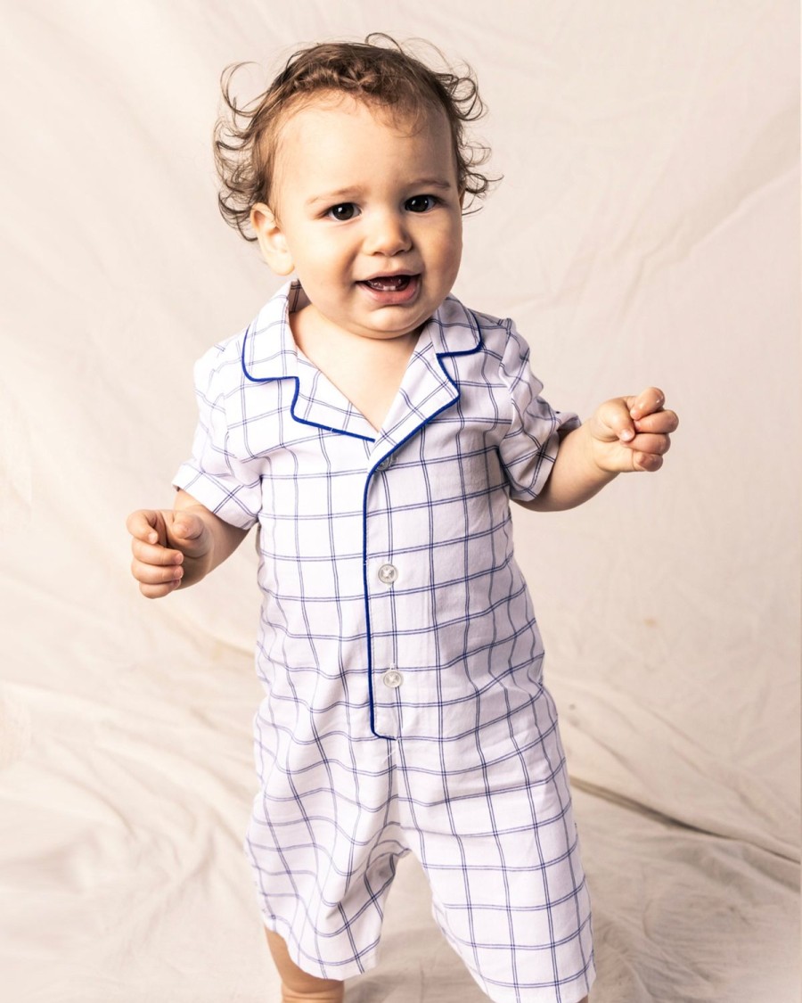 Kids Petite Plume Rompers | Baby'S Twill Summer Romper In Nantucket Tattersall