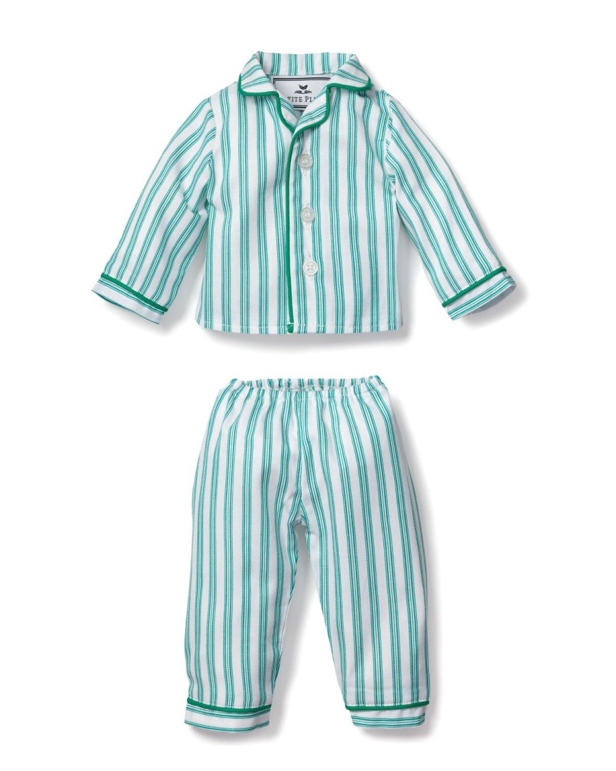 Kids Petite Plume Matching Doll Pajamas | Kid'S Twill Doll Pajamas In Emerald Ticking