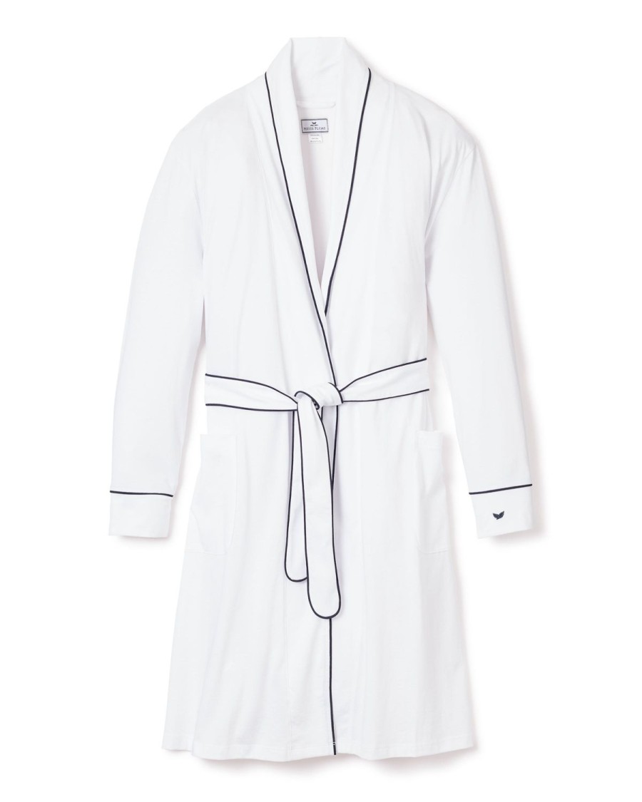 Women Petite Plume | Women'S Pima Robe In White With Navy Piping