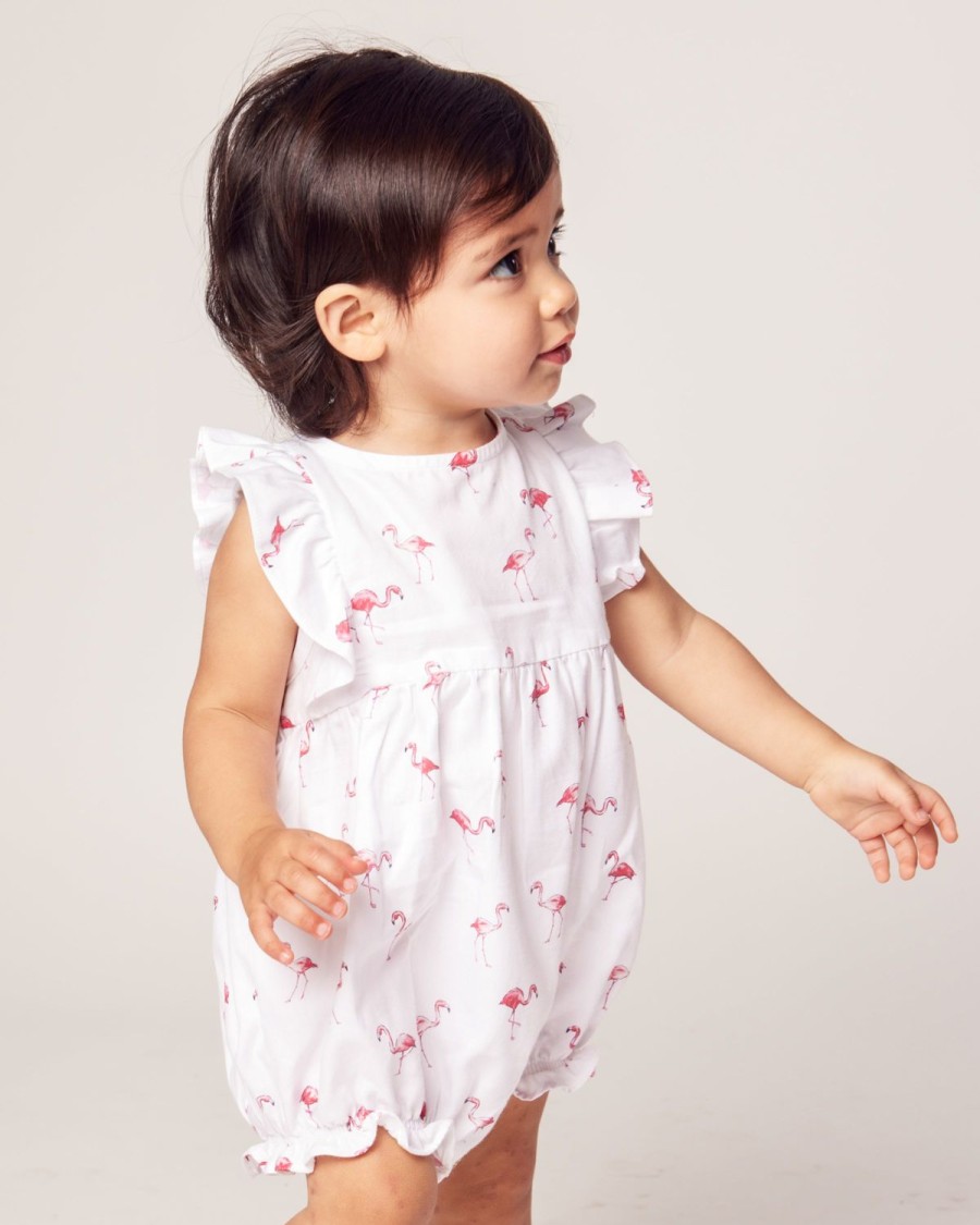 Kids Petite Plume Rompers | Baby'S Twill Ruffled Romper In Flamingos