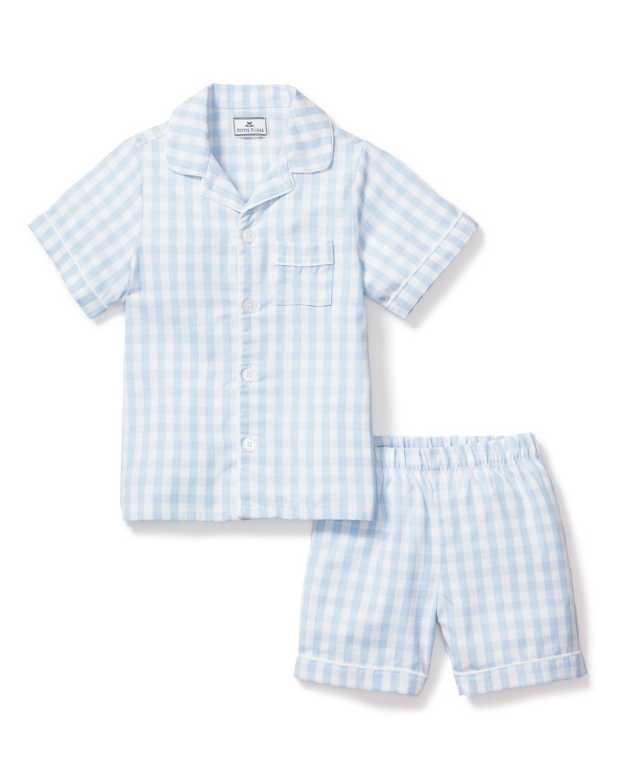 Kids Petite Plume Pajamas | Kid'S Twill Pajama Short Set In Light Blue Gingham