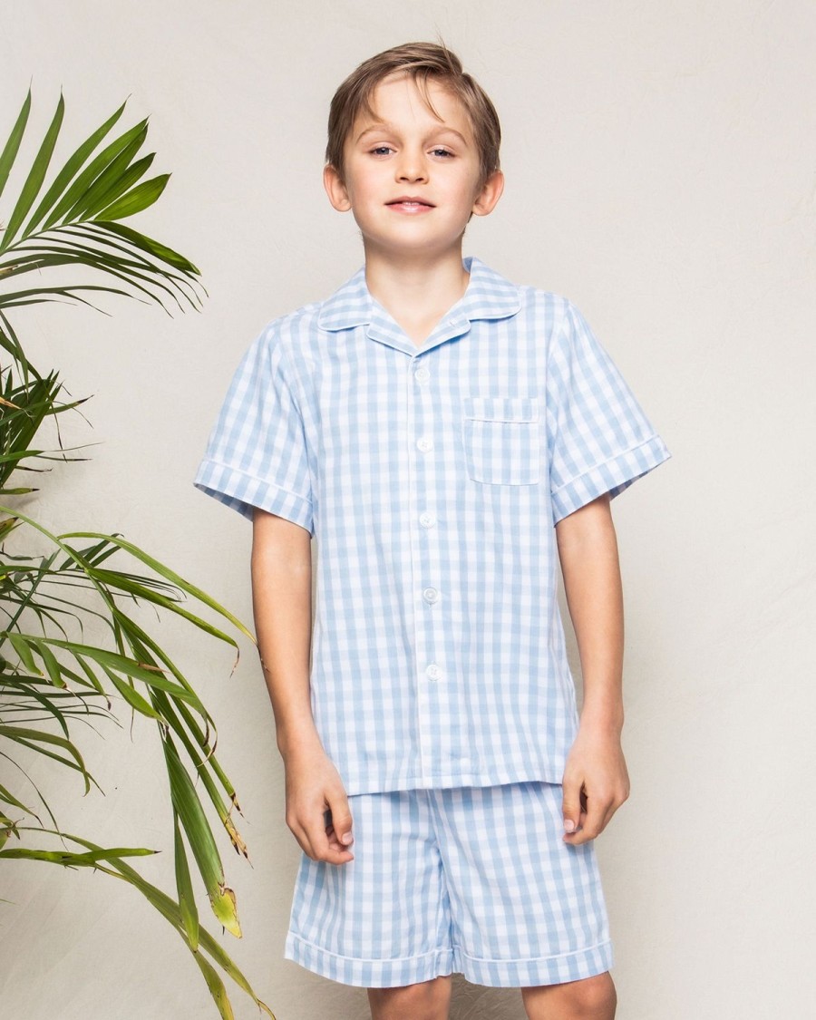 Kids Petite Plume Pajamas | Kid'S Twill Pajama Short Set In Light Blue Gingham