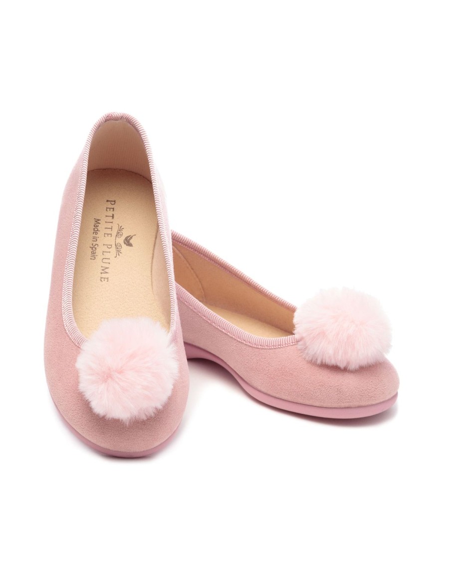 Kids Petite Plume Slippers & Accessories | Kid'S Juliette Slipper In Antique Rose Suede With A Festive Pom