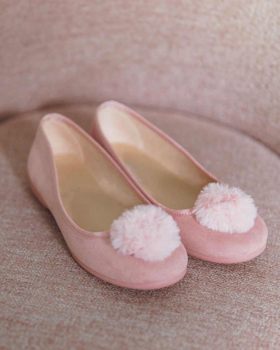 Kids Petite Plume Slippers & Accessories | Kid'S Juliette Slipper In Antique Rose Suede With A Festive Pom