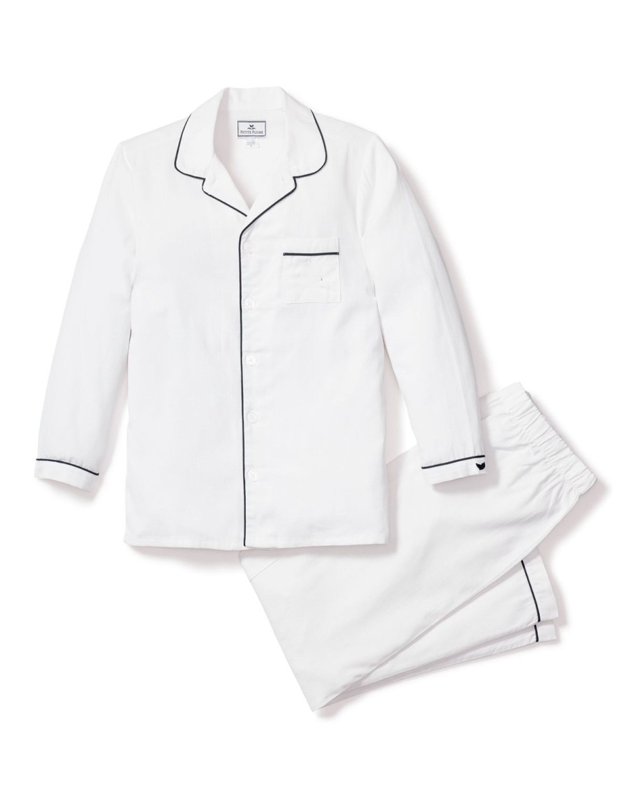 Kids Petite Plume Pajamas | Kid'S Twill Pajama Set In White With Navy Piping