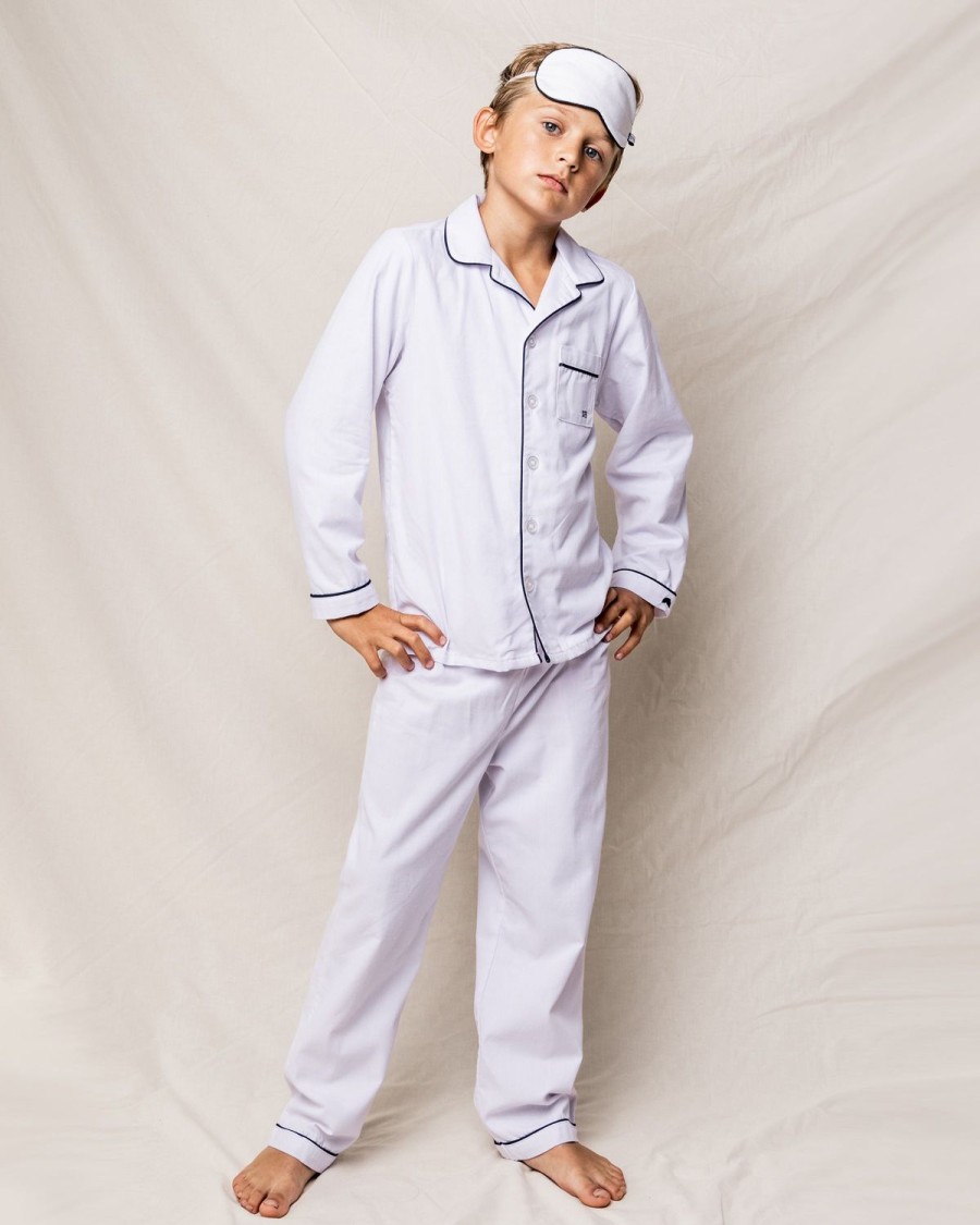 Kids Petite Plume Pajamas | Kid'S Twill Pajama Set In White With Navy Piping