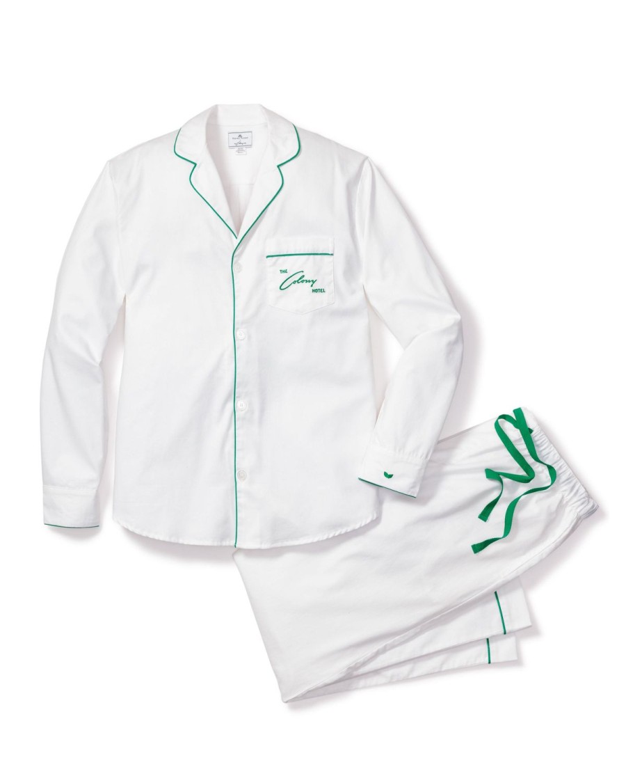 Men Petite Plume | Colony Hotel X Petite Plume Men'S White With Green Piping Pajama Set