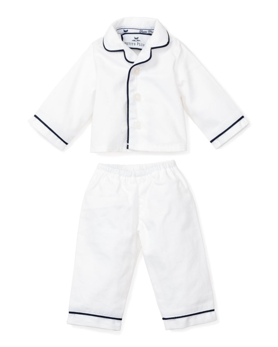 Kids Petite Plume Slippers & Accessories | Kid'S Twill Doll Pajamas In White With Navy Pipping