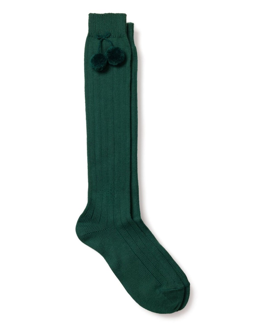 Kids Petite Plume Slippers & Accessories | Kid'S Bottle Green Pom Pom Ribbed Knee-High Socks