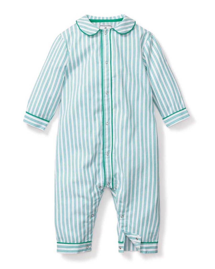 Kids Petite Plume Rompers | Baby'S Twill Romper In Emerald Ticking