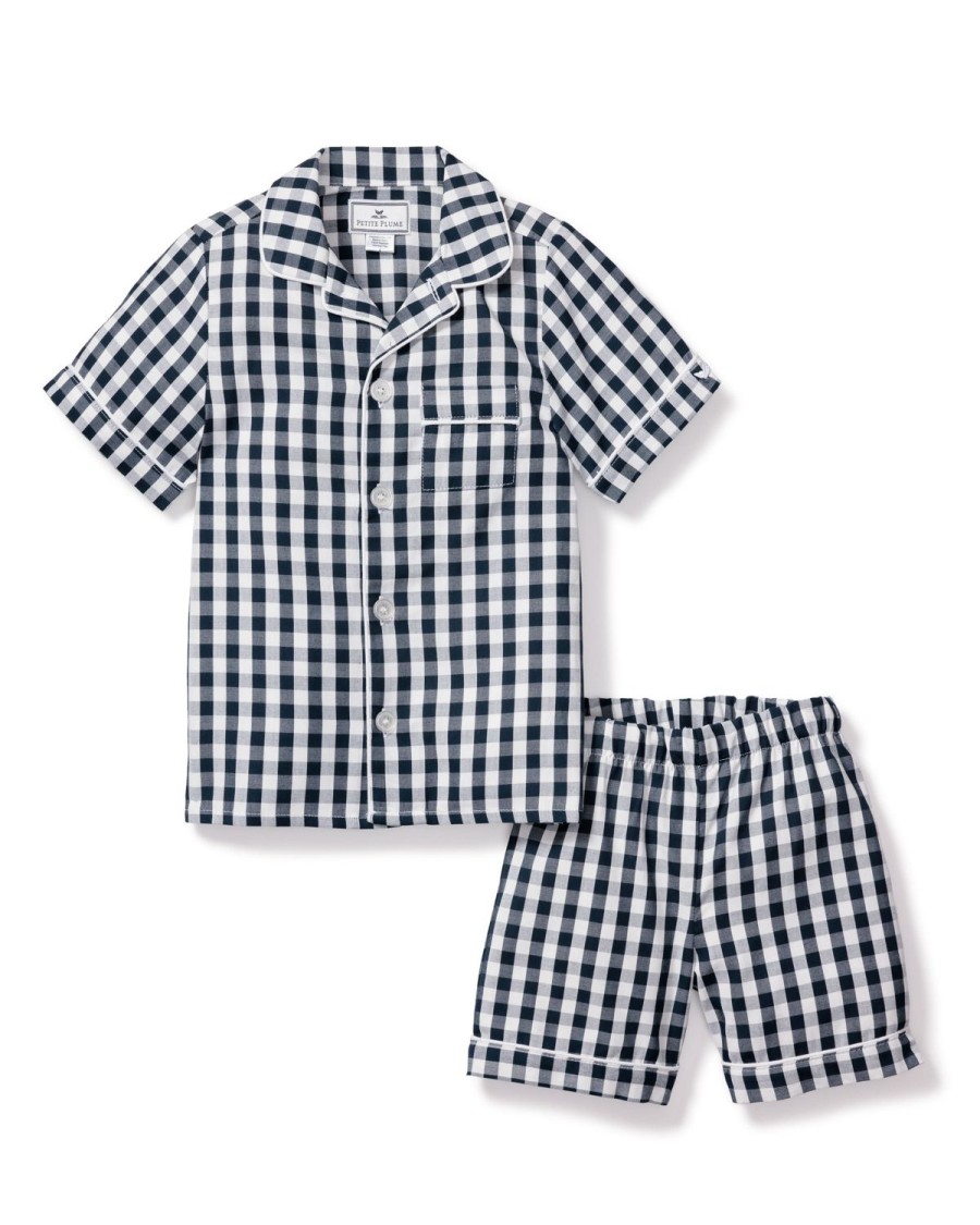 Kids Petite Plume Pajamas | Kid'S Pajama Short Set In Navy Gingham