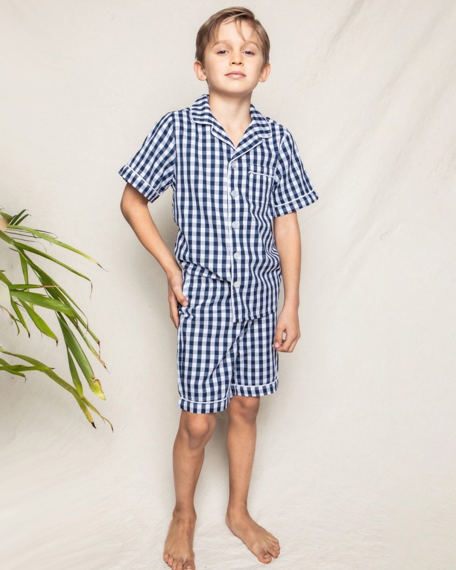 Kids Petite Plume Pajamas | Kid'S Pajama Short Set In Navy Gingham