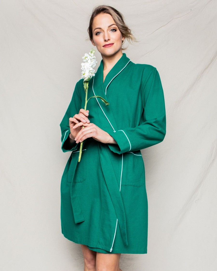 Women Petite Plume | Women'S Flannel Robe In Forest Green With White Piping