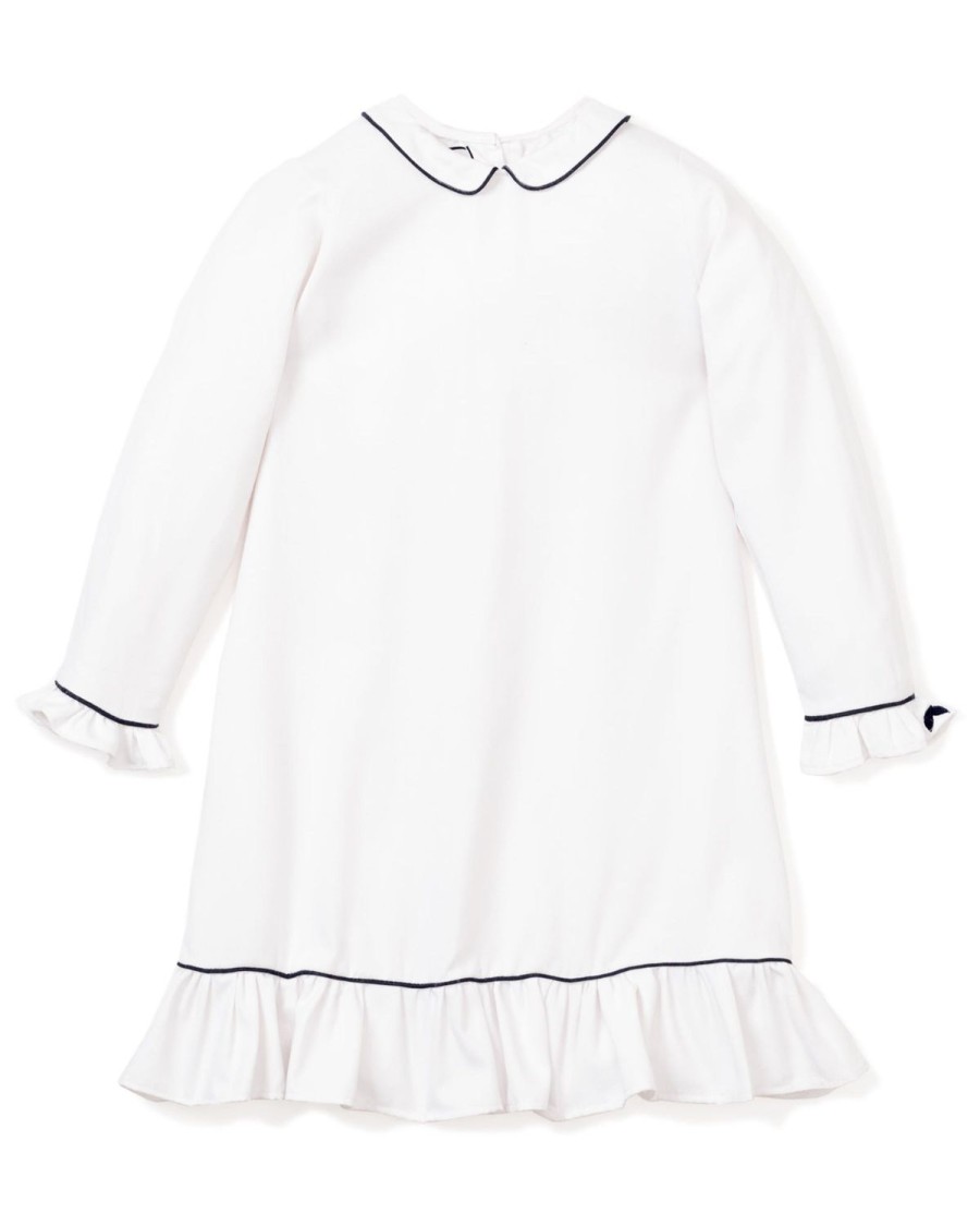 Kids Petite Plume Nightgowns | Girl'S Twill Sophia Nightgown In White With Navy Piping