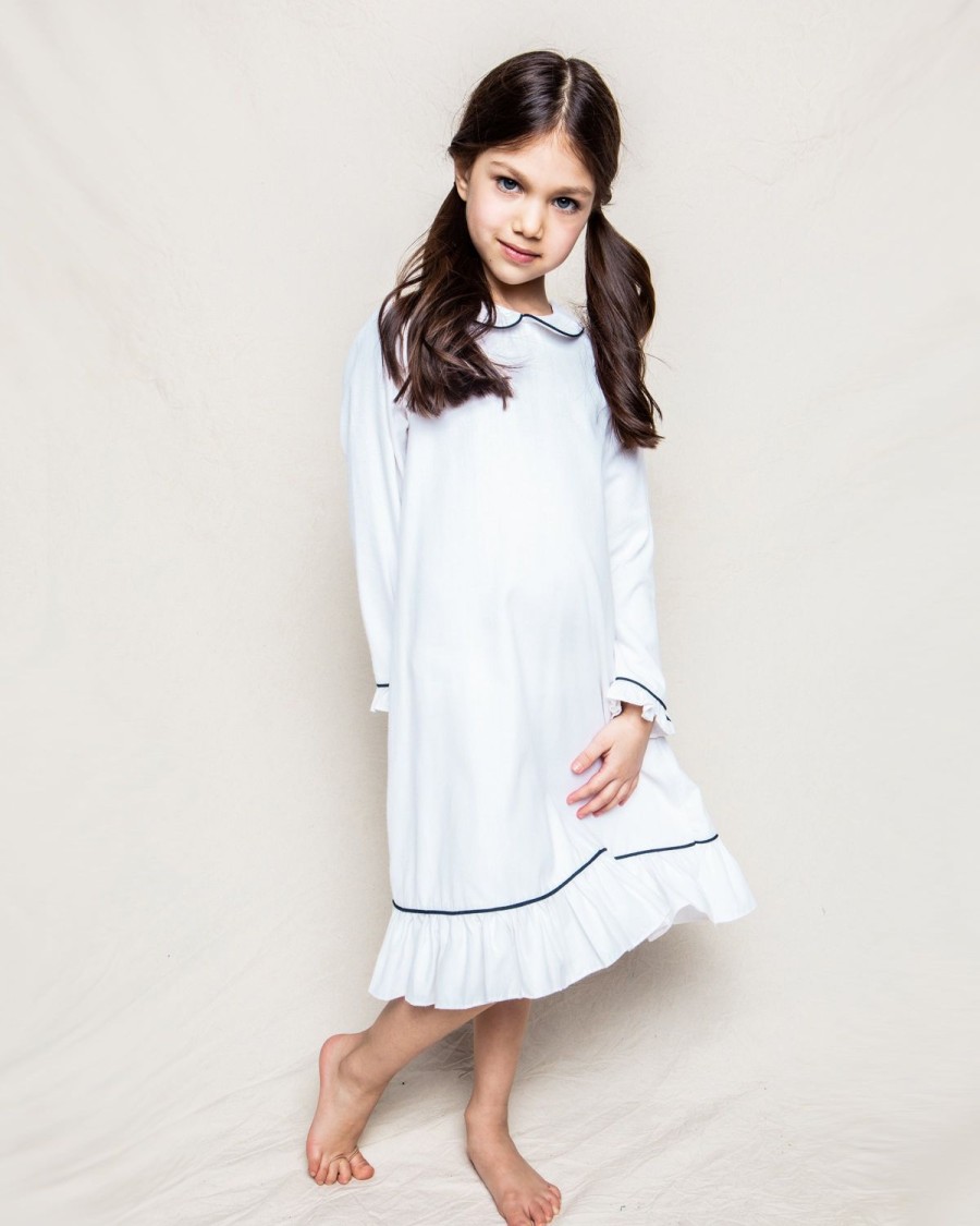 Kids Petite Plume Nightgowns | Girl'S Twill Sophia Nightgown In White With Navy Piping