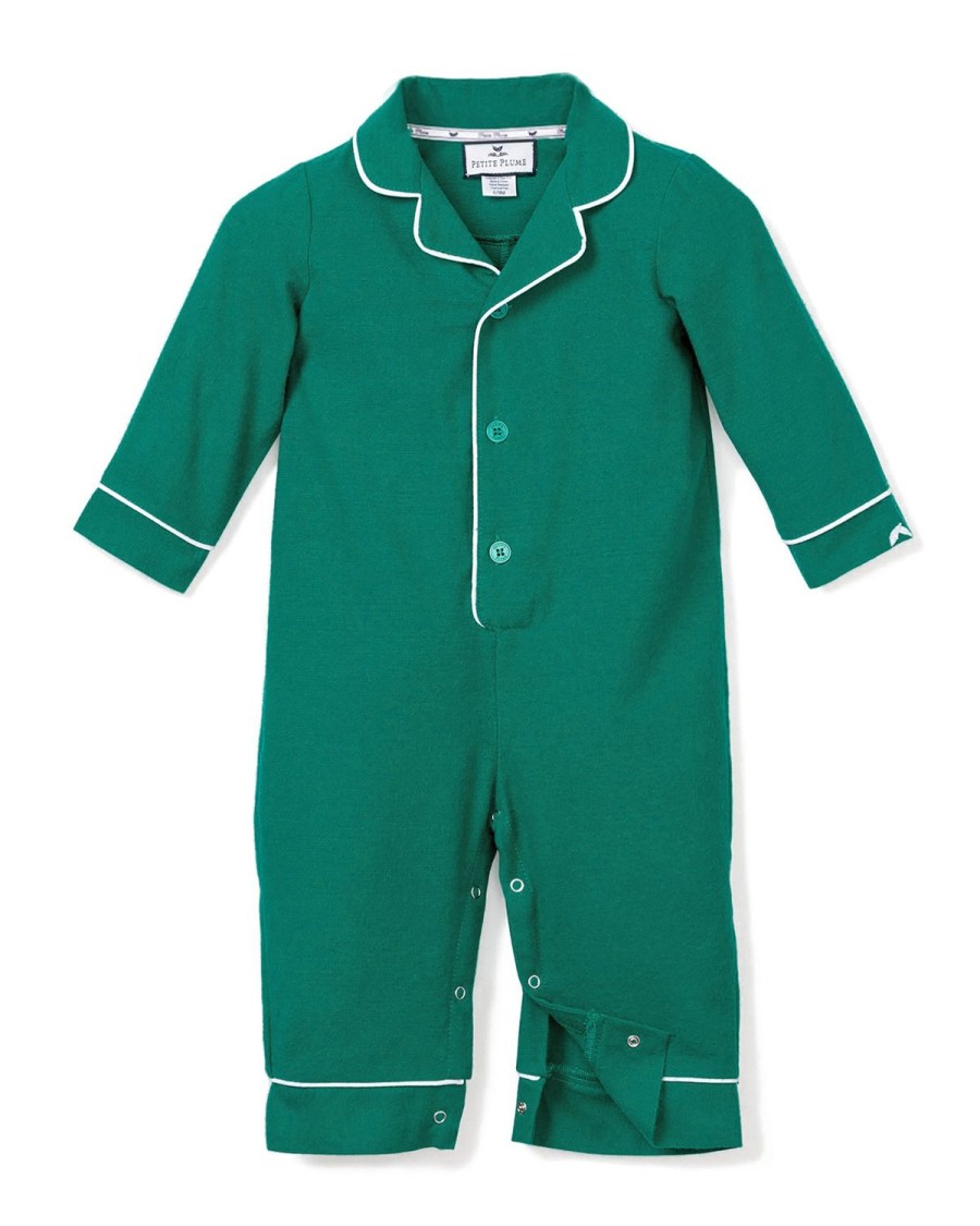 Kids Petite Plume Rompers | Baby'S Flannel Romper In Forest Green With White Piping