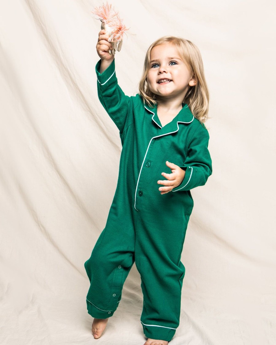 Kids Petite Plume Rompers | Baby'S Flannel Romper In Forest Green With White Piping