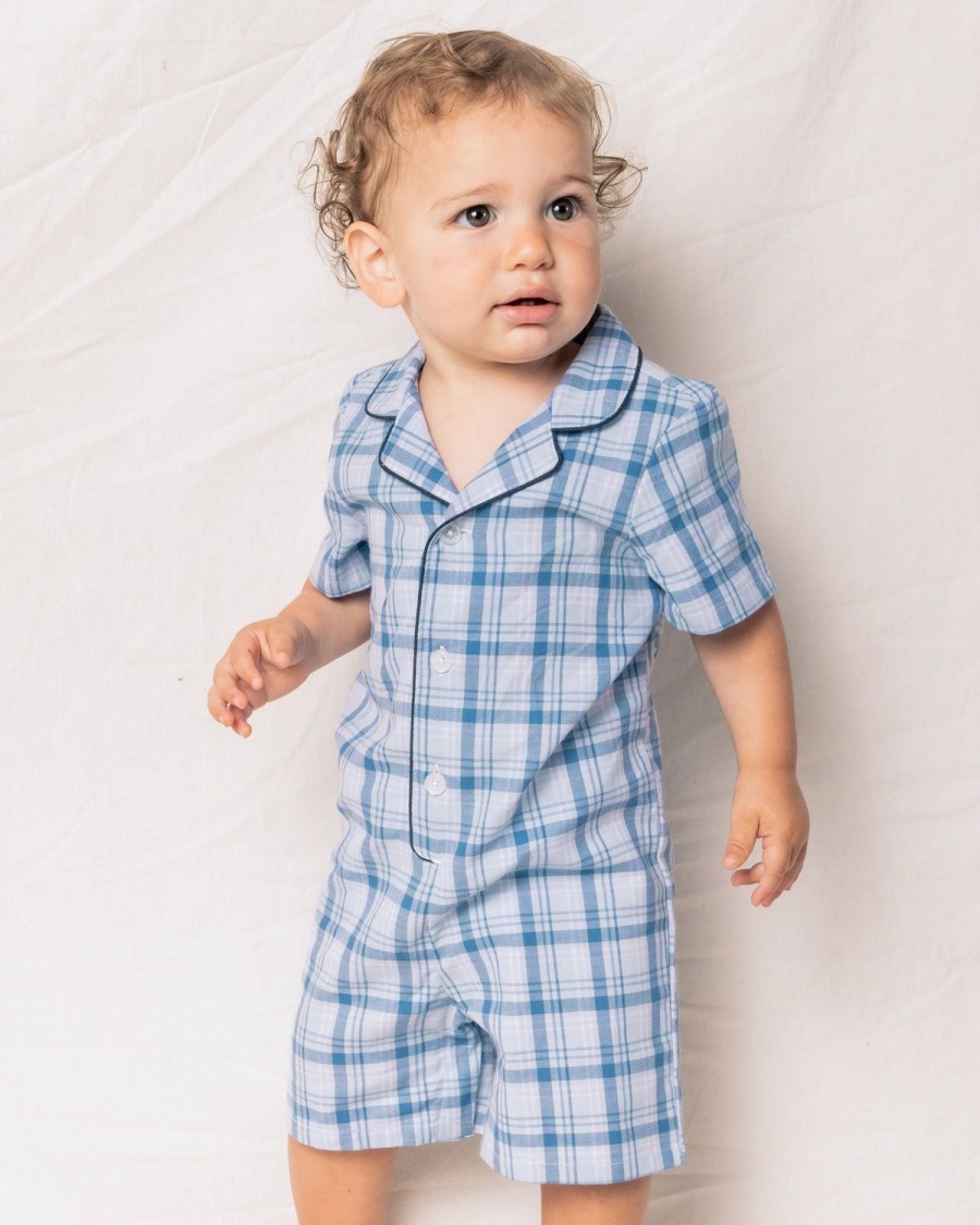 Kids Petite Plume Rompers | Baby'S Twill Summer Romper In Seafarer Tartan