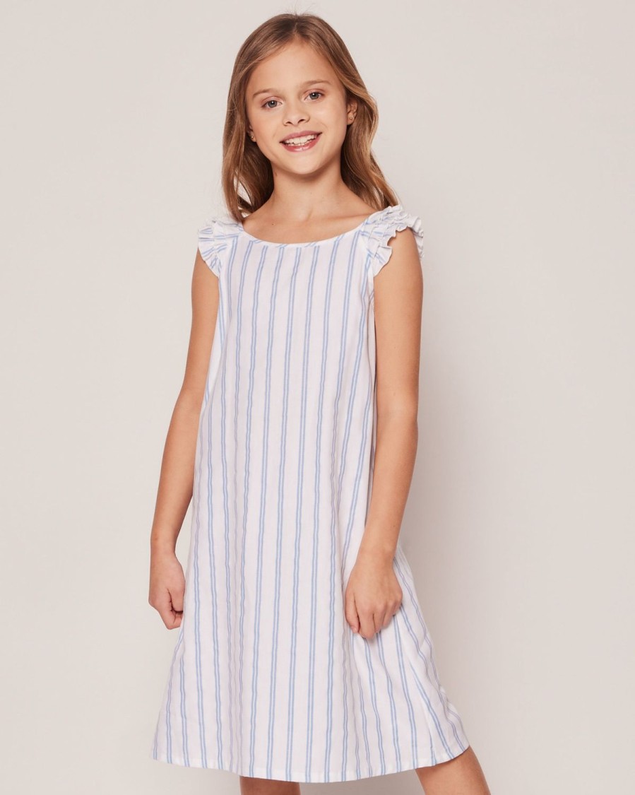 Kids Petite Plume Nightgowns | Girl'S Twill Amelie Nightgown In Periwinkle Stripe