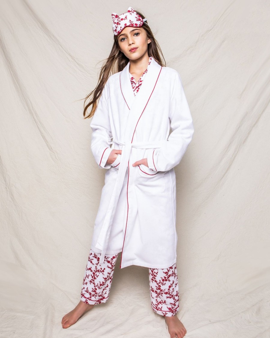 Kids Petite Plume Robes | Kid'S Flannel Robe In White With Red Piping