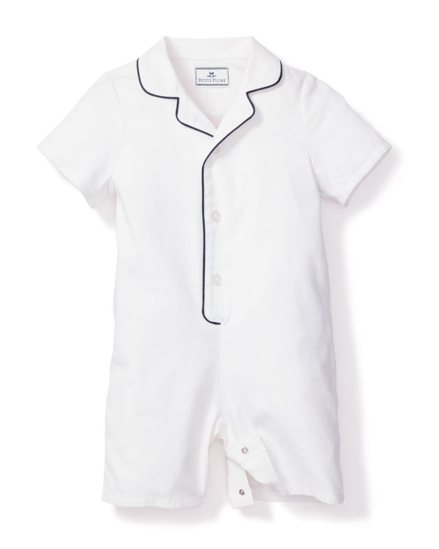 Kids Petite Plume Rompers | Baby'S Twill Summer Romper In White With Navy Piping