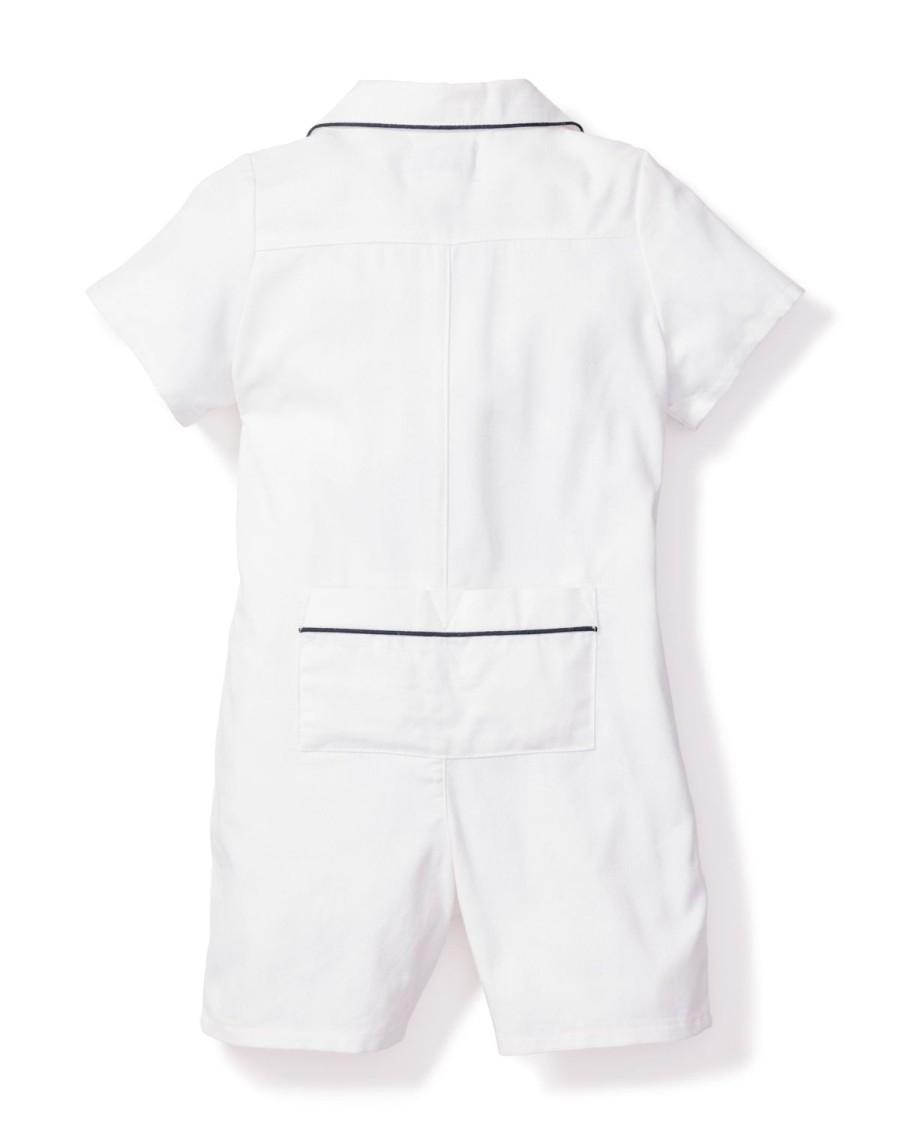 Kids Petite Plume Rompers | Baby'S Twill Summer Romper In White With Navy Piping