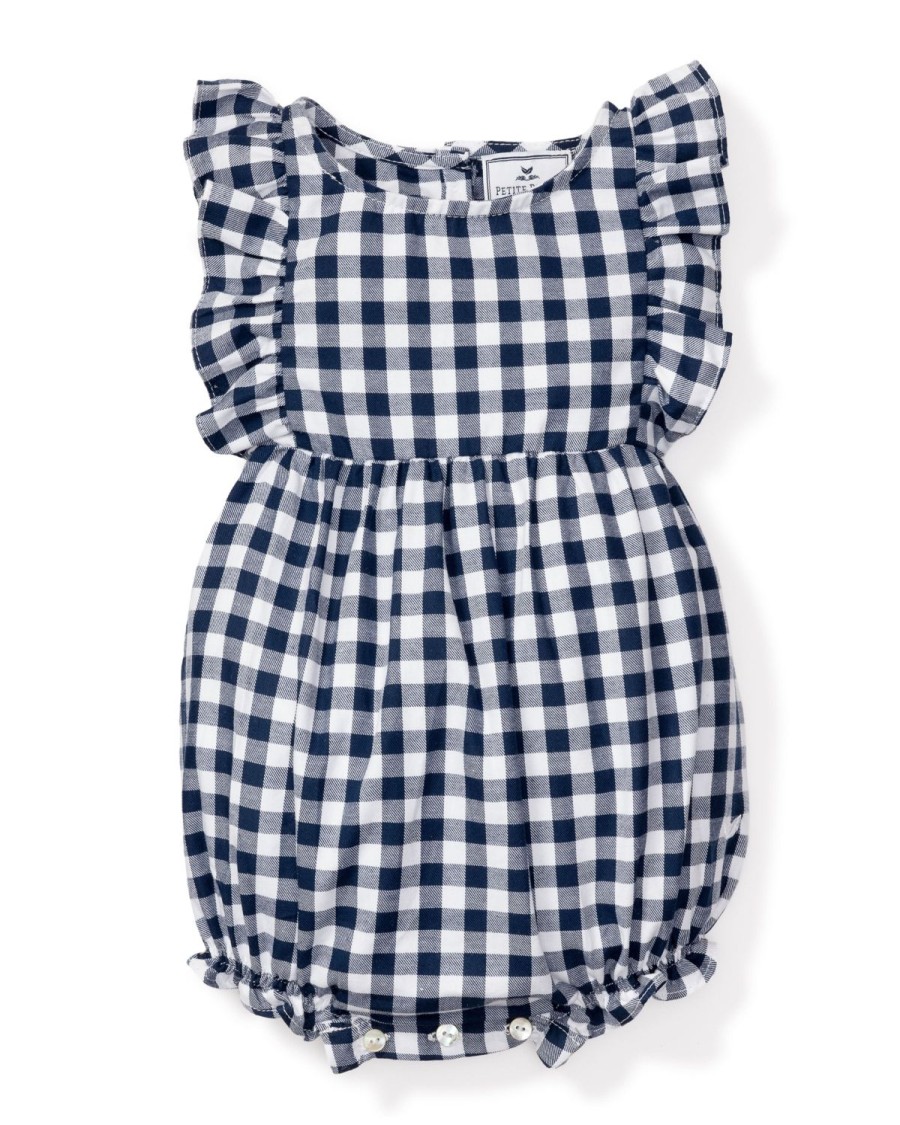 Kids Petite Plume Rompers | Baby'S Twill Ruffled Romper In Navy Gingham