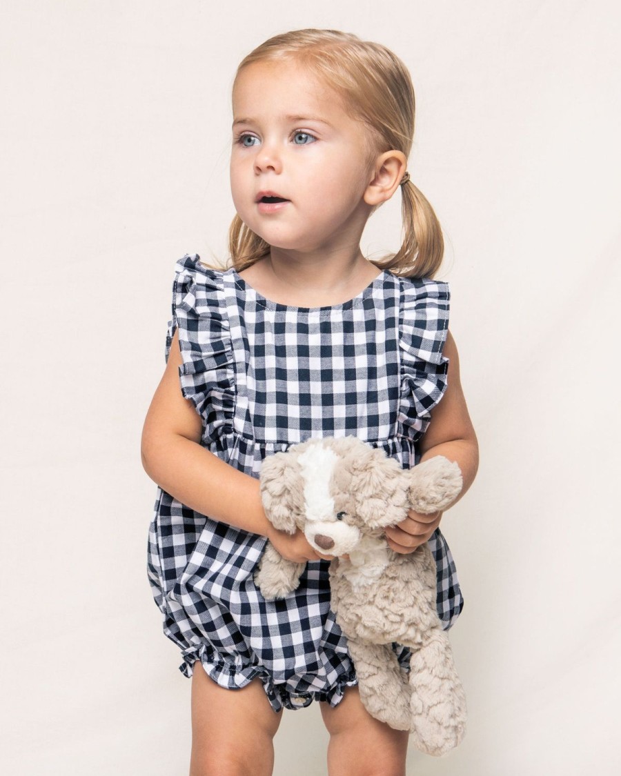 Kids Petite Plume Rompers | Baby'S Twill Ruffled Romper In Navy Gingham