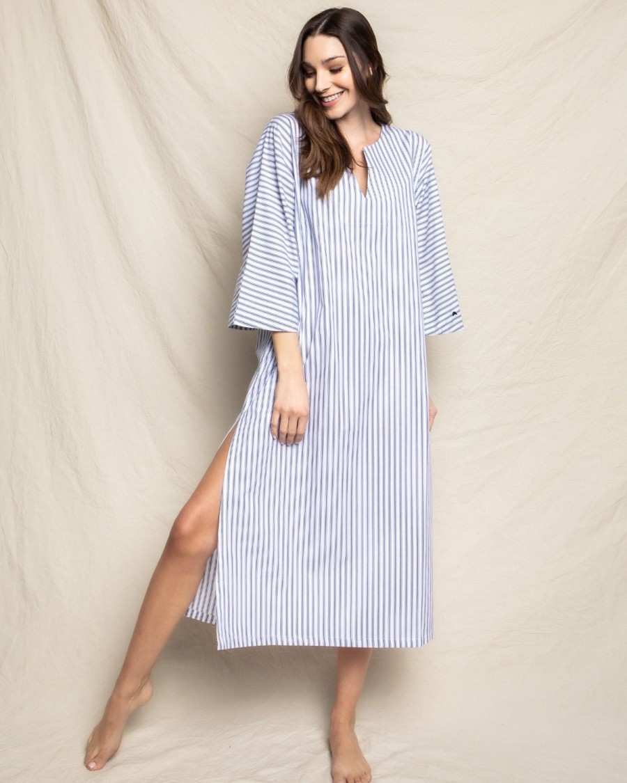 Women Petite Plume | Women'S Twill Caftan In Navy French Ticking