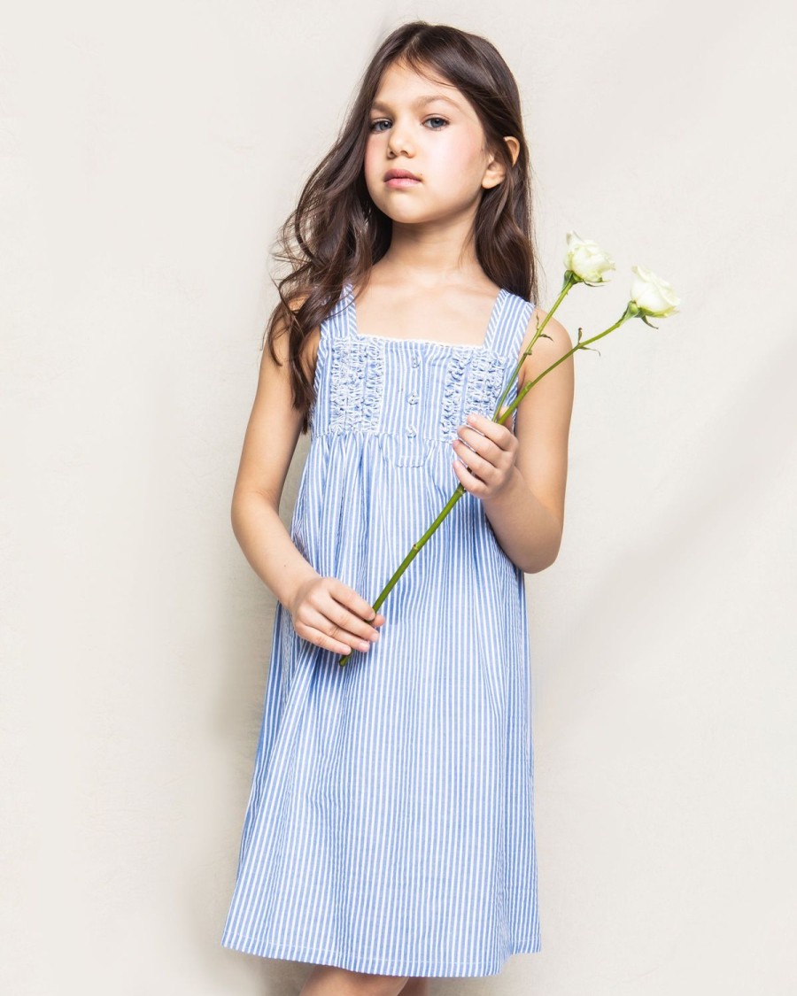 Kids Petite Plume Nightgowns | Girl'S Twill Charlotte Nightgown In French Blue Seersucker